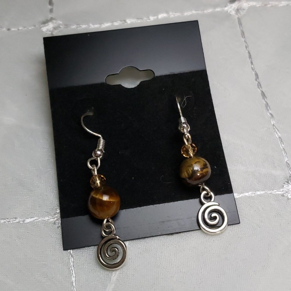 Tigers Eye Tibetan Silver Spiral Earrings